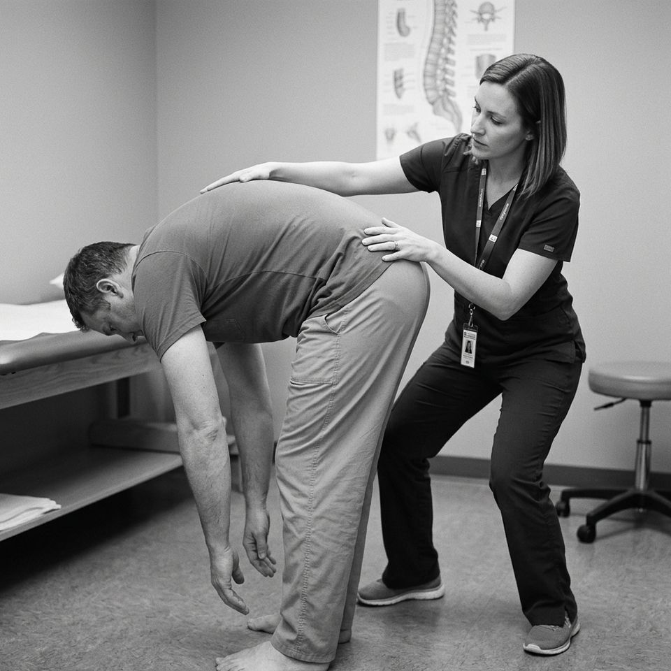 Paciente em pé realiza flexão anterior do tronco enquanto a profissional acompanha o movimento com as mãos na região lombar e do quadril
